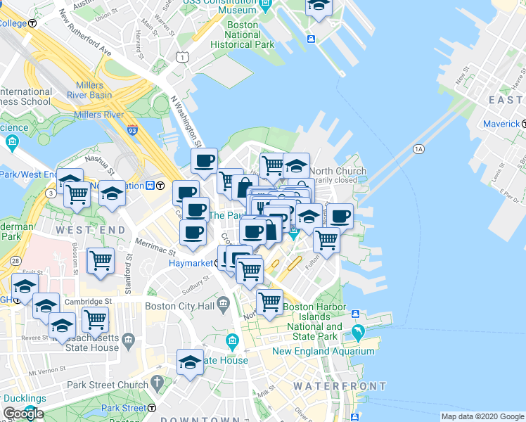 map of restaurants, bars, coffee shops, grocery stores, and more near in Boston