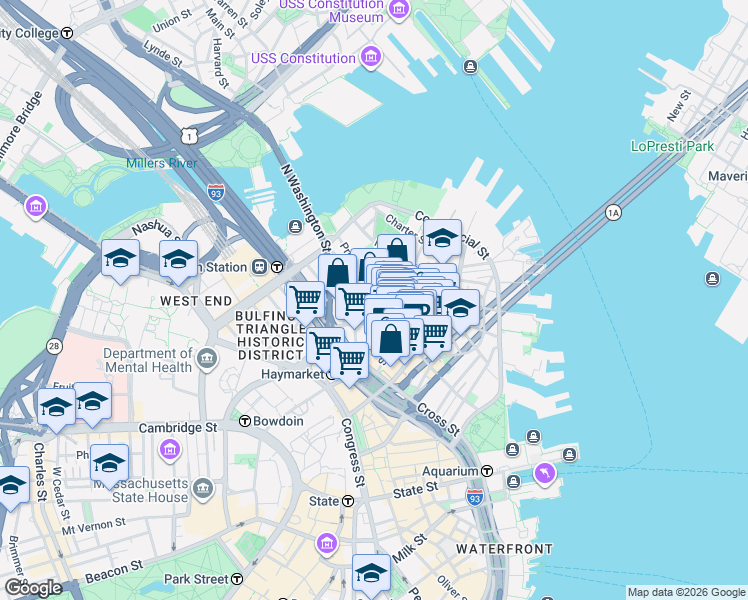 map of restaurants, bars, coffee shops, grocery stores, and more near 21 Cooper Street in Boston