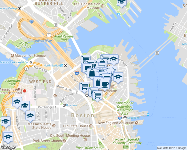 map of restaurants, bars, coffee shops, grocery stores, and more near 21 Cooper Street in Boston