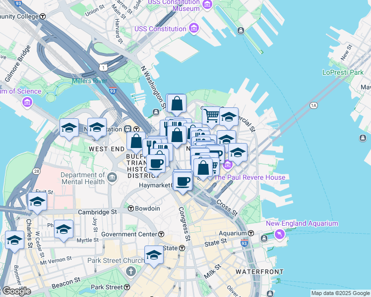 map of restaurants, bars, coffee shops, grocery stores, and more near 49 North Washington Street in Boston