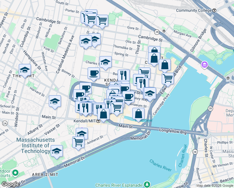 map of restaurants, bars, coffee shops, grocery stores, and more near 295 Third Street in Cambridge