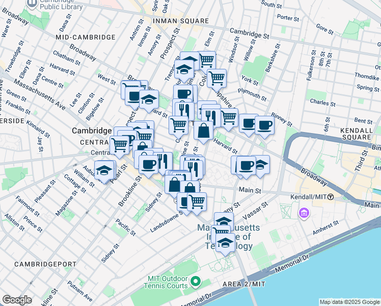 map of restaurants, bars, coffee shops, grocery stores, and more near 119 Windsor Street in Cambridge