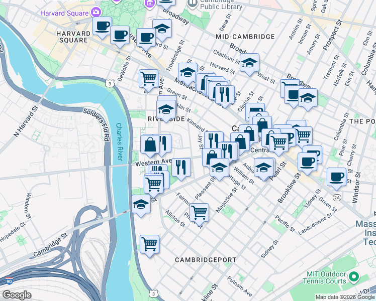 map of restaurants, bars, coffee shops, grocery stores, and more near 22 Howard Street in Cambridge