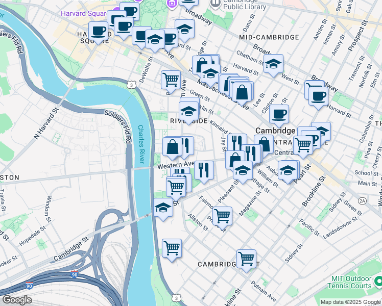 map of restaurants, bars, coffee shops, grocery stores, and more near 336 Western Avenue in Cambridge