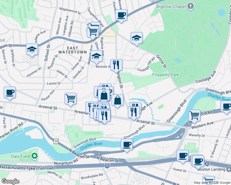map of restaurants, bars, coffee shops, grocery stores, and more near 11 Yukon Avenue in Watertown