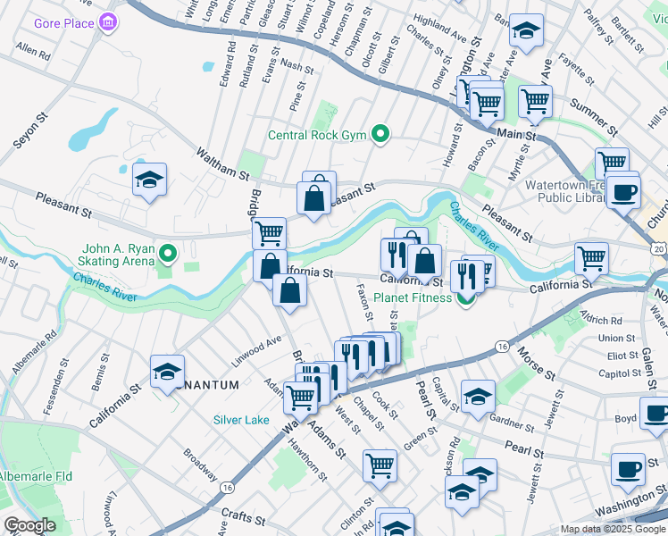map of restaurants, bars, coffee shops, grocery stores, and more near 16 Dalby Street in Newton