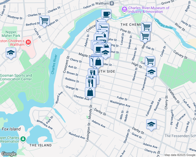map of restaurants, bars, coffee shops, grocery stores, and more near 116 Robbins Street in Waltham