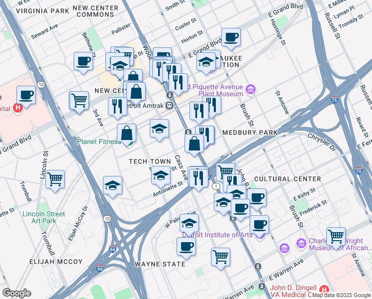 map of restaurants, bars, coffee shops, grocery stores, and more near 6015 Cass Avenue in Detroit