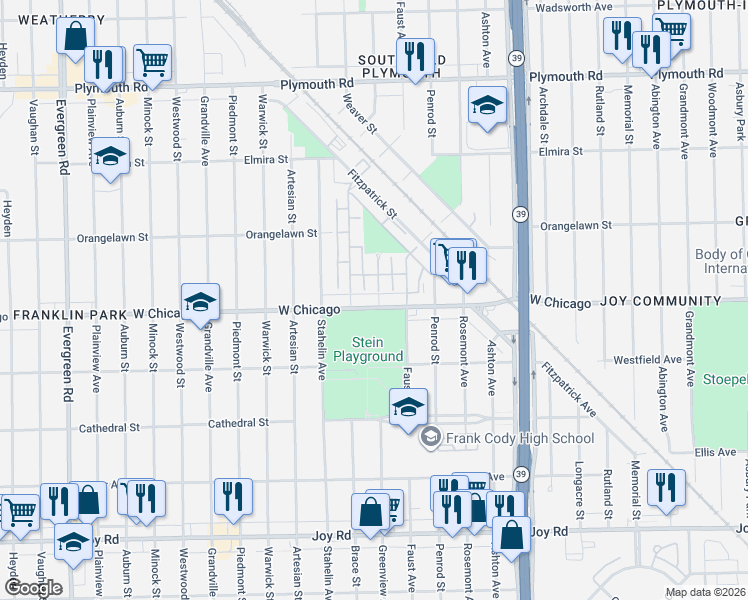 map of restaurants, bars, coffee shops, grocery stores, and more near in Detroit