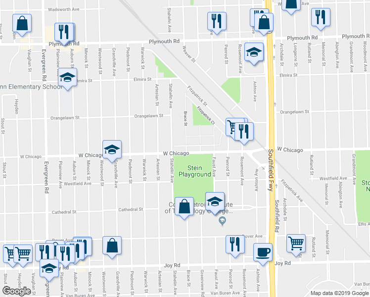 map of restaurants, bars, coffee shops, grocery stores, and more near 18730 West Chicago in Detroit