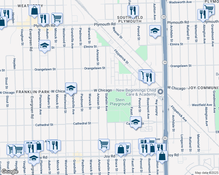 map of restaurants, bars, coffee shops, grocery stores, and more near 18730 West Chicago in Detroit