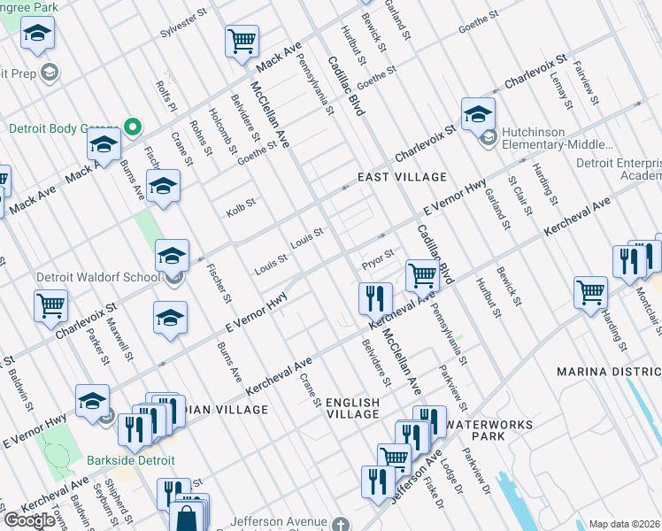 map of restaurants, bars, coffee shops, grocery stores, and more near 2270 Holcomb Street in Detroit