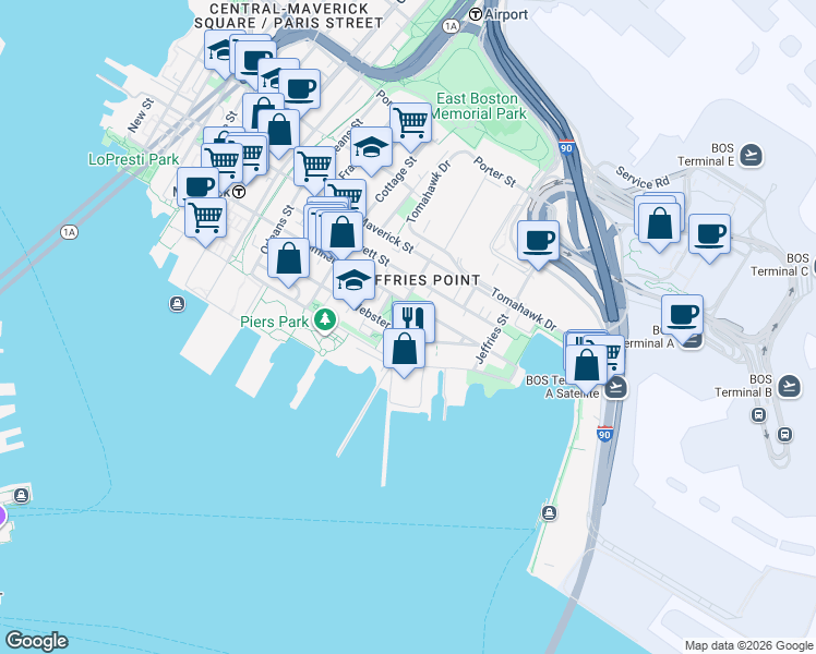 map of restaurants, bars, coffee shops, grocery stores, and more near 214 Webster Street in Boston