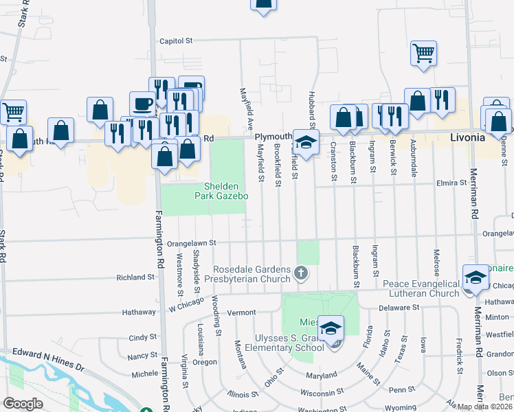 map of restaurants, bars, coffee shops, grocery stores, and more near 9919 Mayfield in Livonia