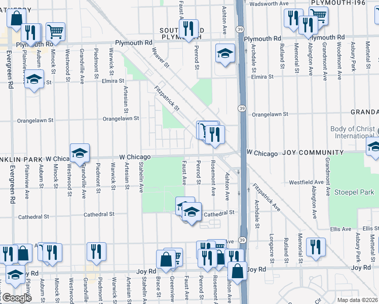 map of restaurants, bars, coffee shops, grocery stores, and more near 18450 West Chicago in Detroit