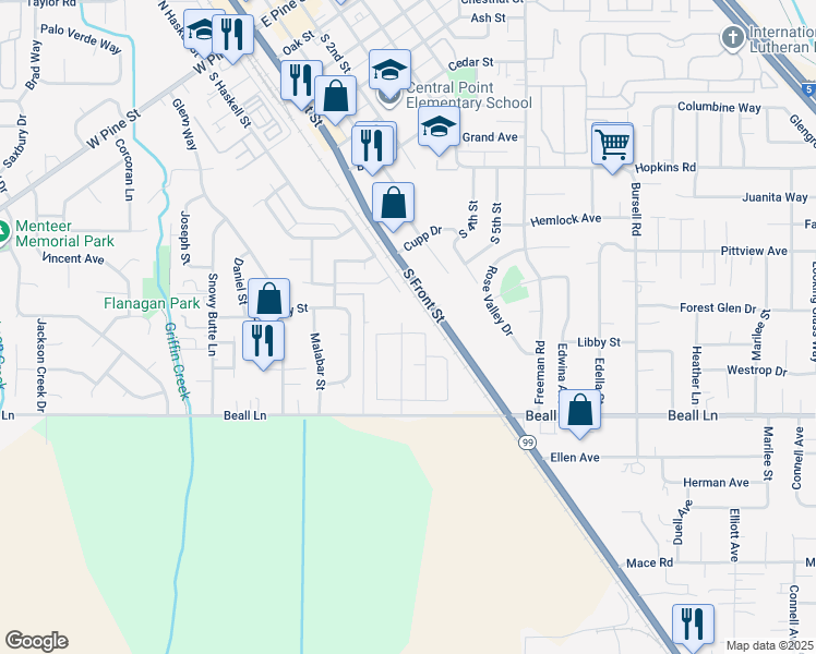 map of restaurants, bars, coffee shops, grocery stores, and more near 172 Lavender Lane in Central Point