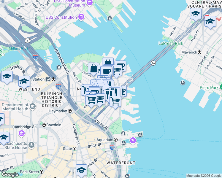 map of restaurants, bars, coffee shops, grocery stores, and more near 302-304 North Street in Boston