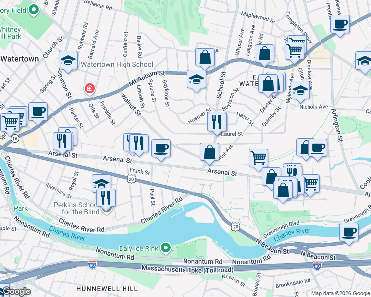 map of restaurants, bars, coffee shops, grocery stores, and more near 143 Walnut Street in Watertown