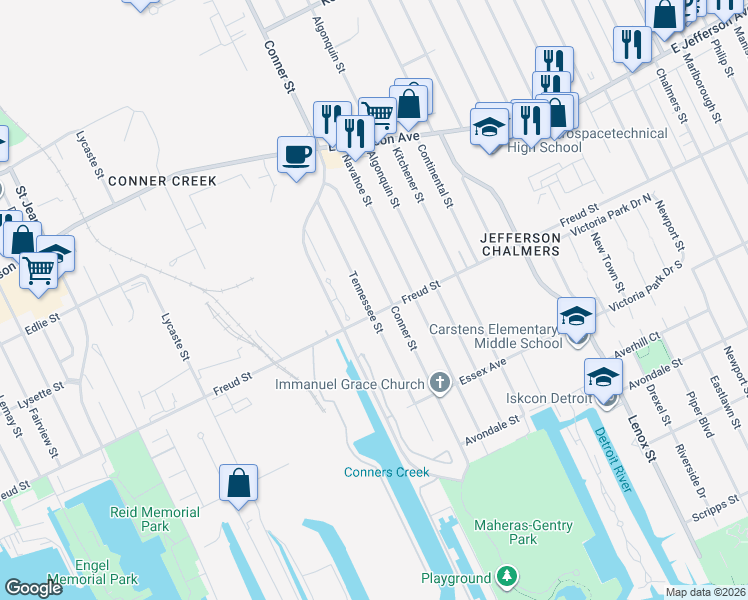 map of restaurants, bars, coffee shops, grocery stores, and more near 678 Tennessee Street in Detroit
