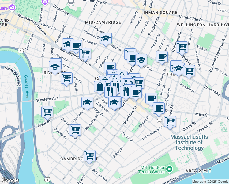 map of restaurants, bars, coffee shops, grocery stores, and more near 77 River Street in Cambridge