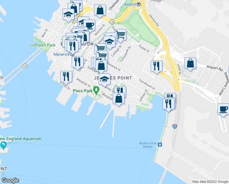 map of restaurants, bars, coffee shops, grocery stores, and more near Webster St & Lamson St in Boston