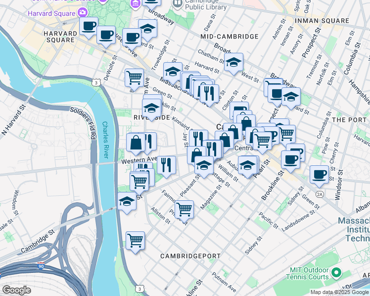 map of restaurants, bars, coffee shops, grocery stores, and more near 22 Howard Street in Cambridge