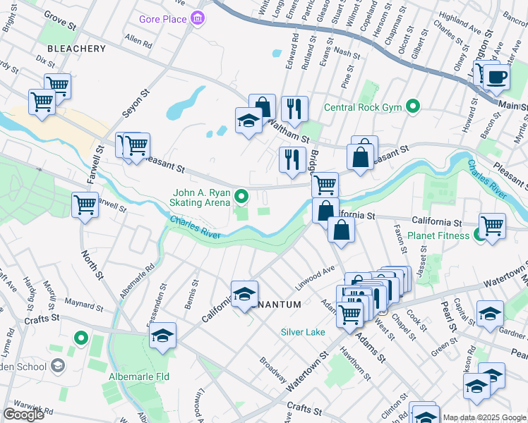 map of restaurants, bars, coffee shops, grocery stores, and more near 480 Pleasant Street in Watertown