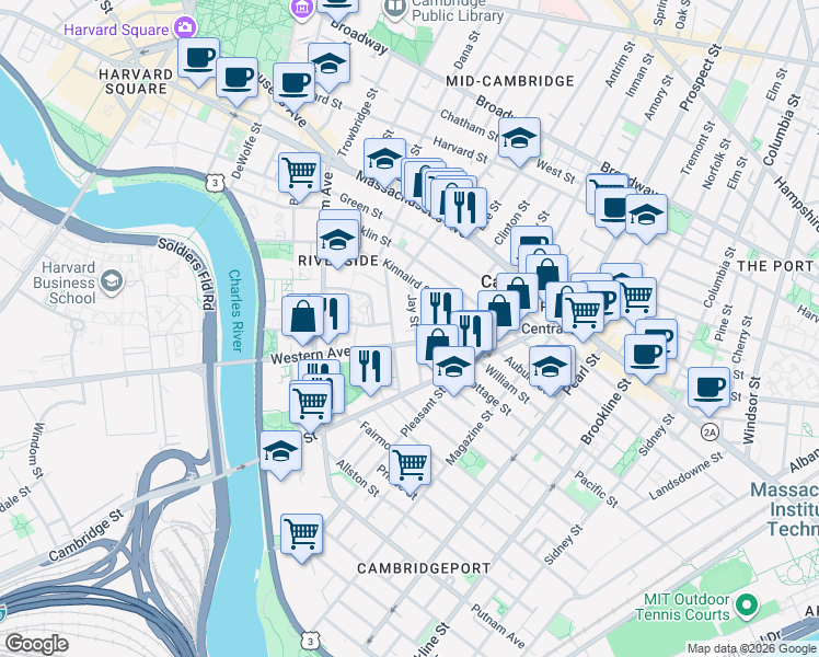map of restaurants, bars, coffee shops, grocery stores, and more near 23 Jay Street in Cambridge