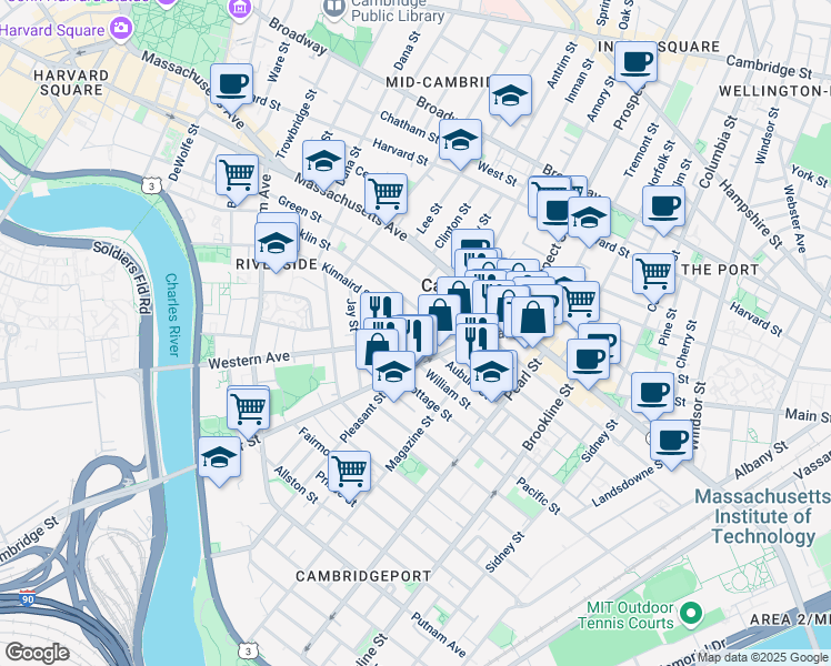 map of restaurants, bars, coffee shops, grocery stores, and more near 75 River Street in Cambridge
