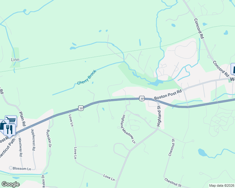 map of restaurants, bars, coffee shops, grocery stores, and more near 741 Boston Post Road in Weston