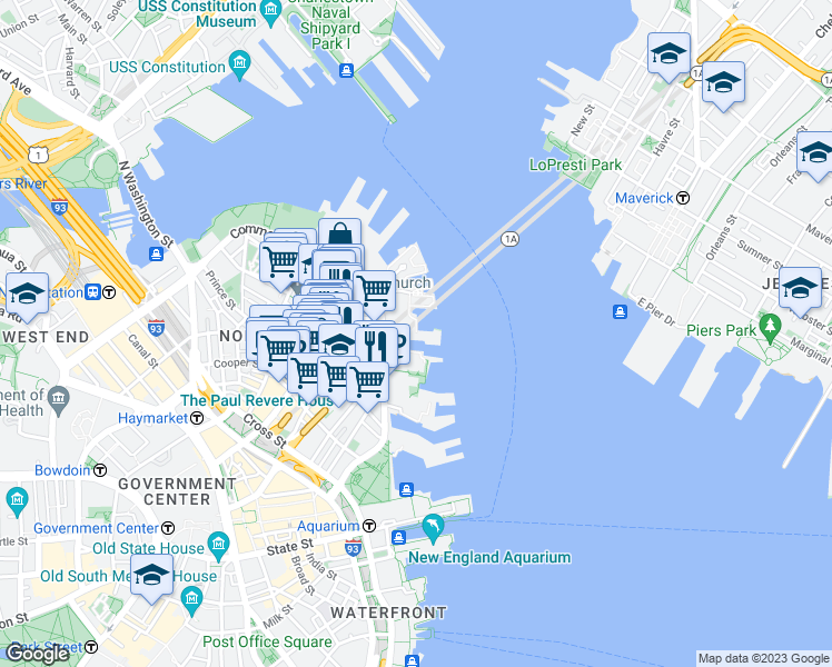 map of restaurants, bars, coffee shops, grocery stores, and more near 5 Battery Wharf in Boston