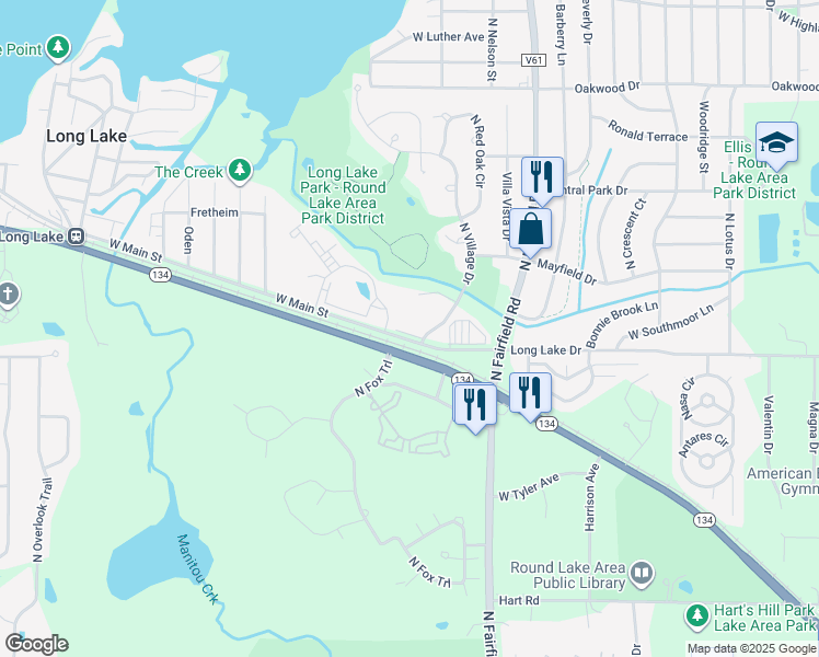 map of restaurants, bars, coffee shops, grocery stores, and more near 986 North Village Drive in Round Lake Beach