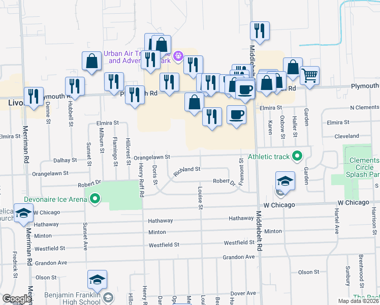 map of restaurants, bars, coffee shops, grocery stores, and more near 29555 Plymouth Road in Livonia