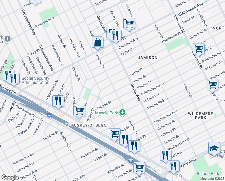 map of restaurants, bars, coffee shops, grocery stores, and more near 4012 Carter Street in Detroit