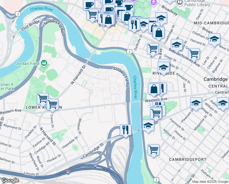 map of restaurants, bars, coffee shops, grocery stores, and more near 111 Western Avenue in Boston