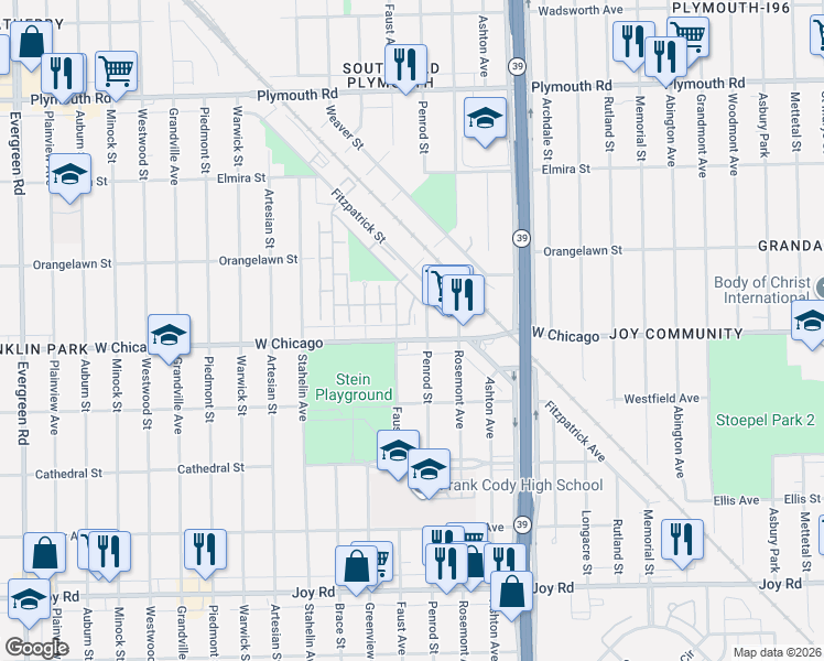 map of restaurants, bars, coffee shops, grocery stores, and more near 18450 West Chicago Street in Detroit