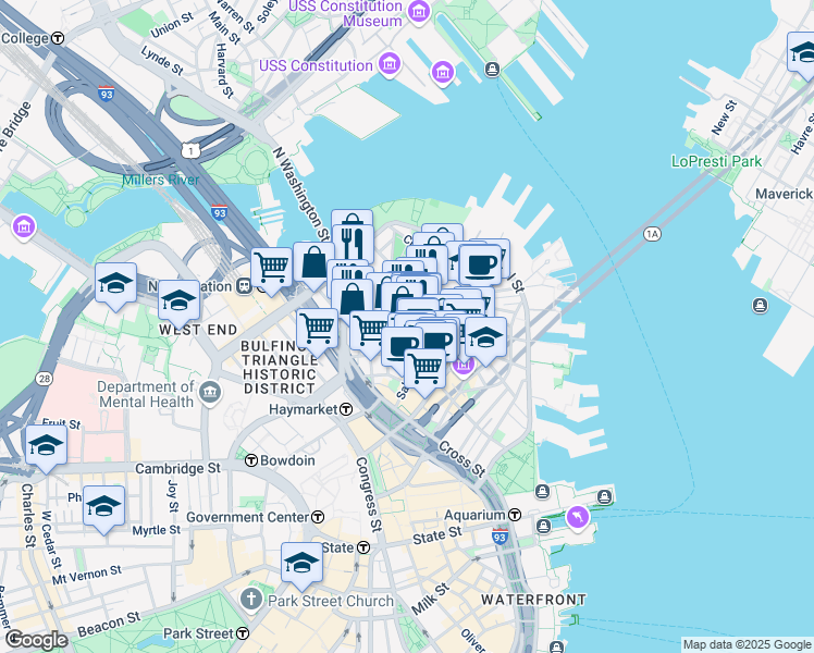 map of restaurants, bars, coffee shops, grocery stores, and more near 3 Snow Hill Street in Boston