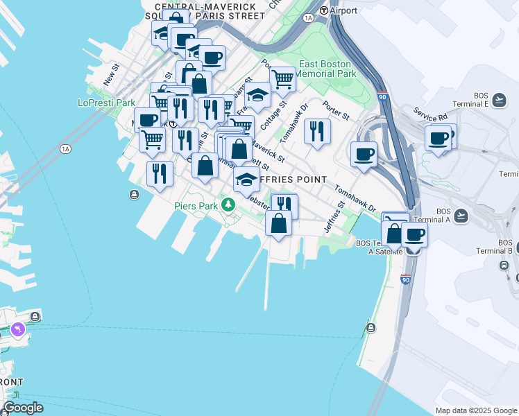 map of restaurants, bars, coffee shops, grocery stores, and more near in Boston