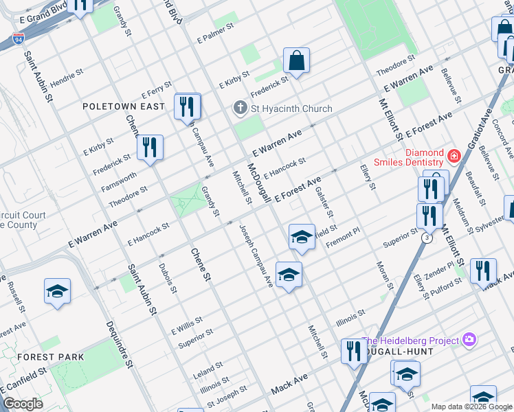 map of restaurants, bars, coffee shops, grocery stores, and more near 4754 Mitchell Street in Detroit