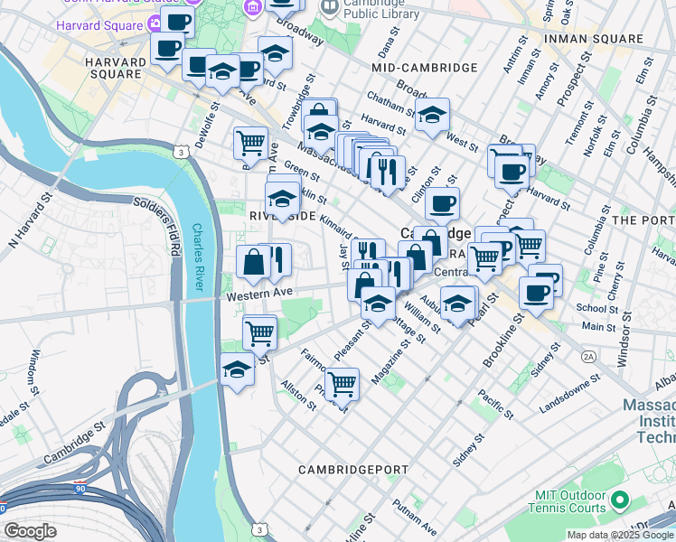 map of restaurants, bars, coffee shops, grocery stores, and more near 25 Jay Street in Cambridge