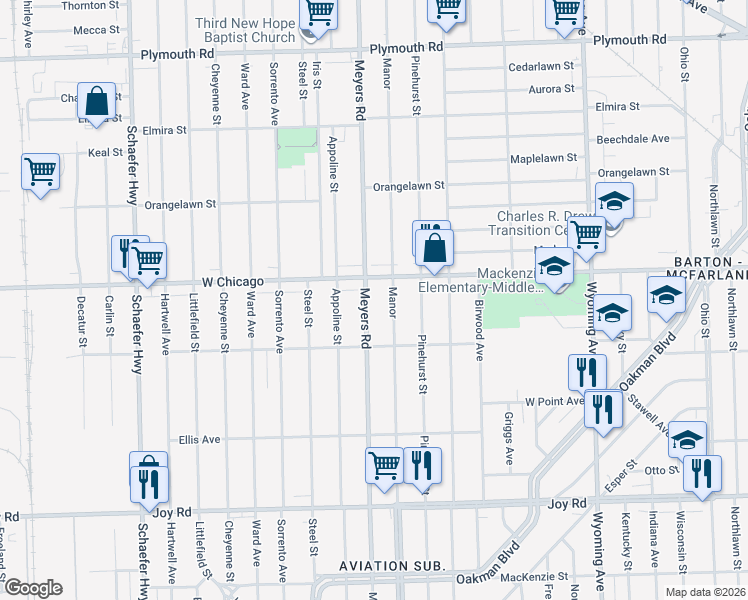 map of restaurants, bars, coffee shops, grocery stores, and more near 10824 West Chicago in Detroit