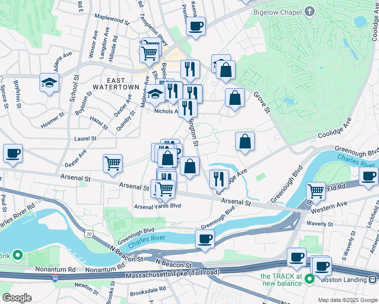 map of restaurants, bars, coffee shops, grocery stores, and more near 104 Arlington Street in Watertown
