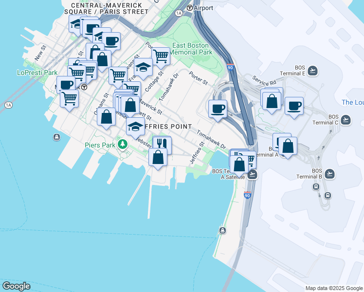 map of restaurants, bars, coffee shops, grocery stores, and more near 206 Everett Street in Boston