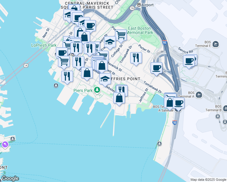 map of restaurants, bars, coffee shops, grocery stores, and more near in Boston