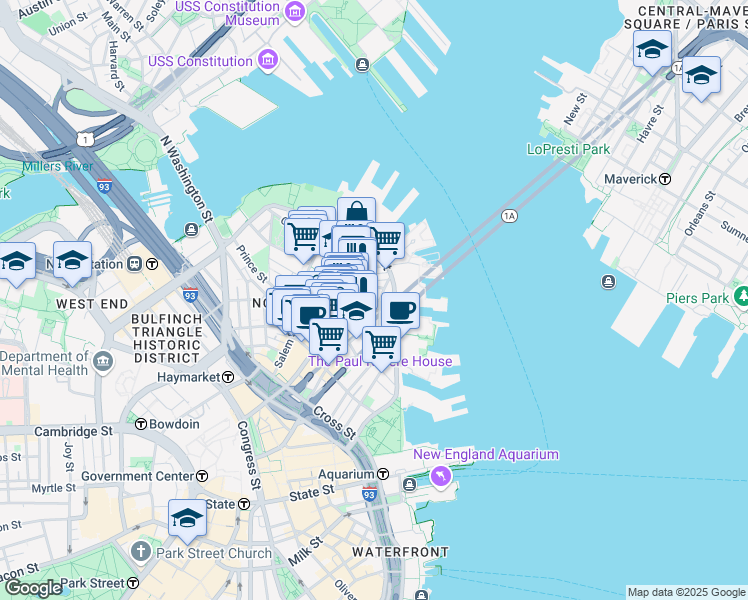map of restaurants, bars, coffee shops, grocery stores, and more near 7 Powers Court in Boston