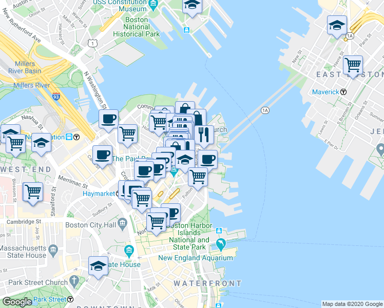 map of restaurants, bars, coffee shops, grocery stores, and more near 7 Powers Court in Boston