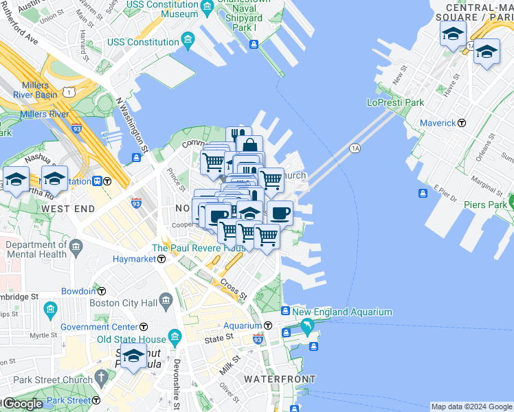 map of restaurants, bars, coffee shops, grocery stores, and more near 7 Powers Court in Boston