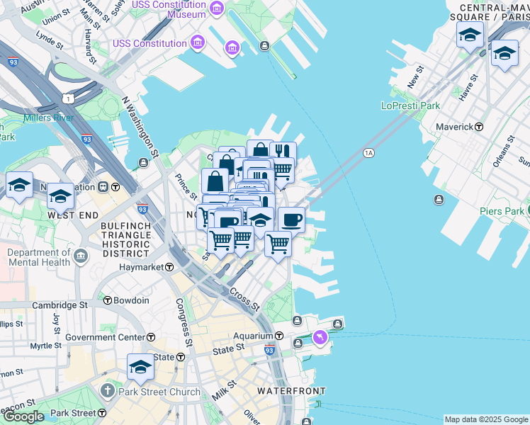 map of restaurants, bars, coffee shops, grocery stores, and more near 7 Powers Court in Boston