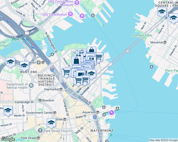 map of restaurants, bars, coffee shops, grocery stores, and more near 4 Charter Street in Boston