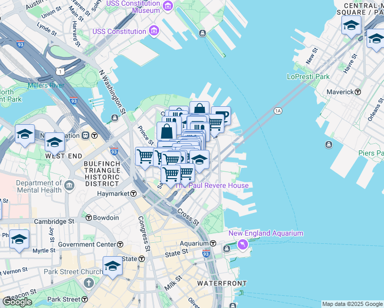 map of restaurants, bars, coffee shops, grocery stores, and more near 4 Charter Street in Boston